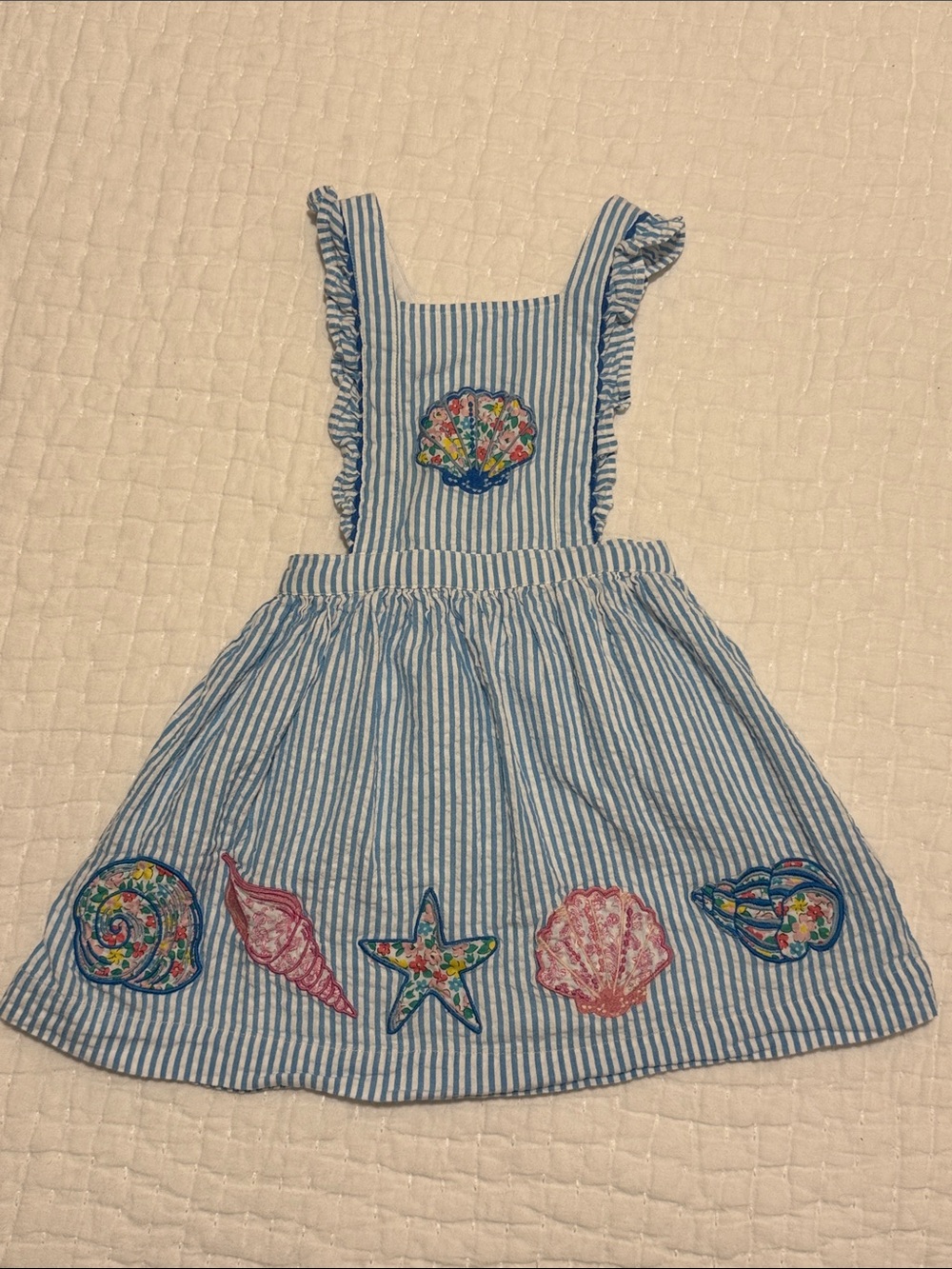 Mini Boden Blue & White Striped Seersucker Seashell Pinafore Dress 3-4y